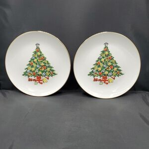 Jamestown China Christmas Tree Salad or Dessert Plate with Gold Trim 7.75" Set 2